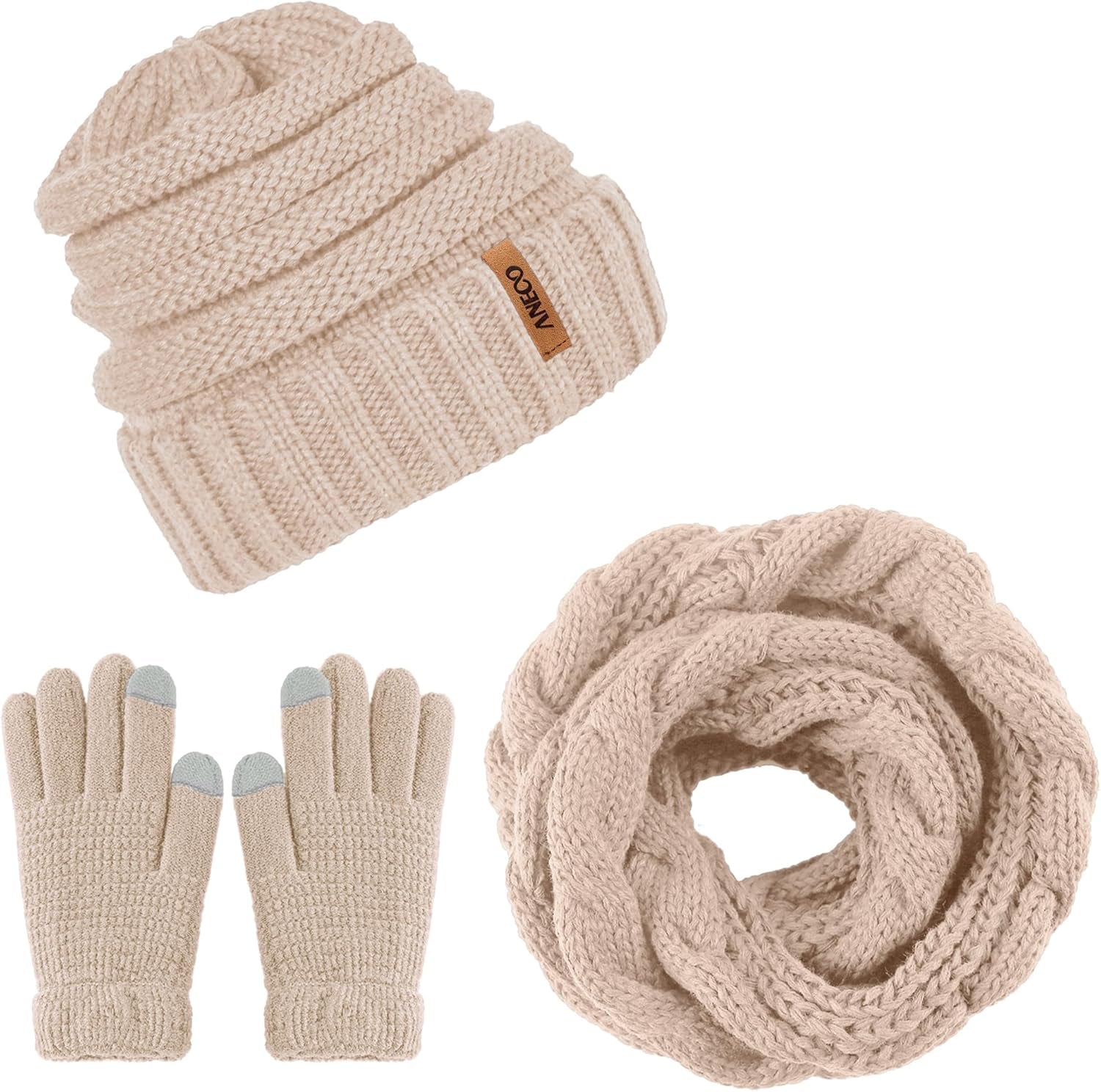 Winter Warm Knitted Scarf Beanie Hat and Gloves Set Men & Women'S Soft Stretch Hat Scarf and Mitten Set